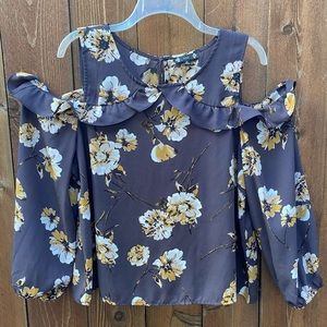 Iris deep gray and gold cold shoulder top; long sleeve with ruffles